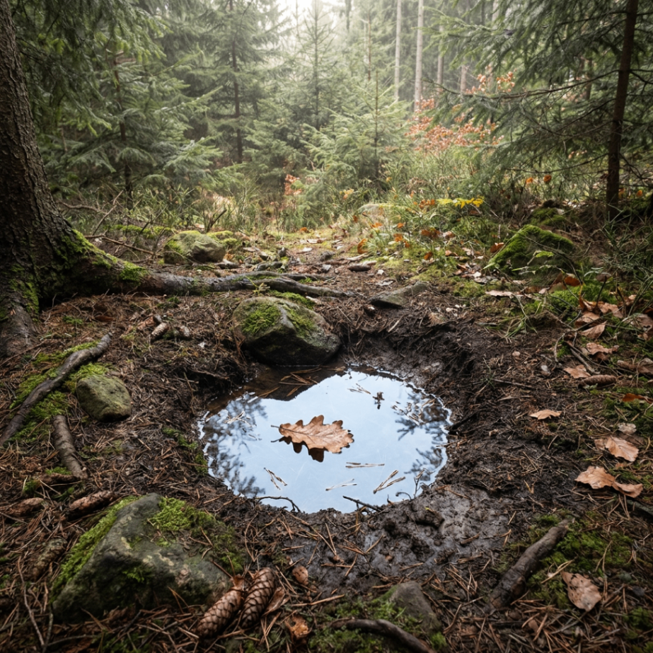 Lesní pramen a studánka — Vydlabaná tůňka v lesním biotopu drží v prameništi vlhko a čistou akumulovanou vodu.