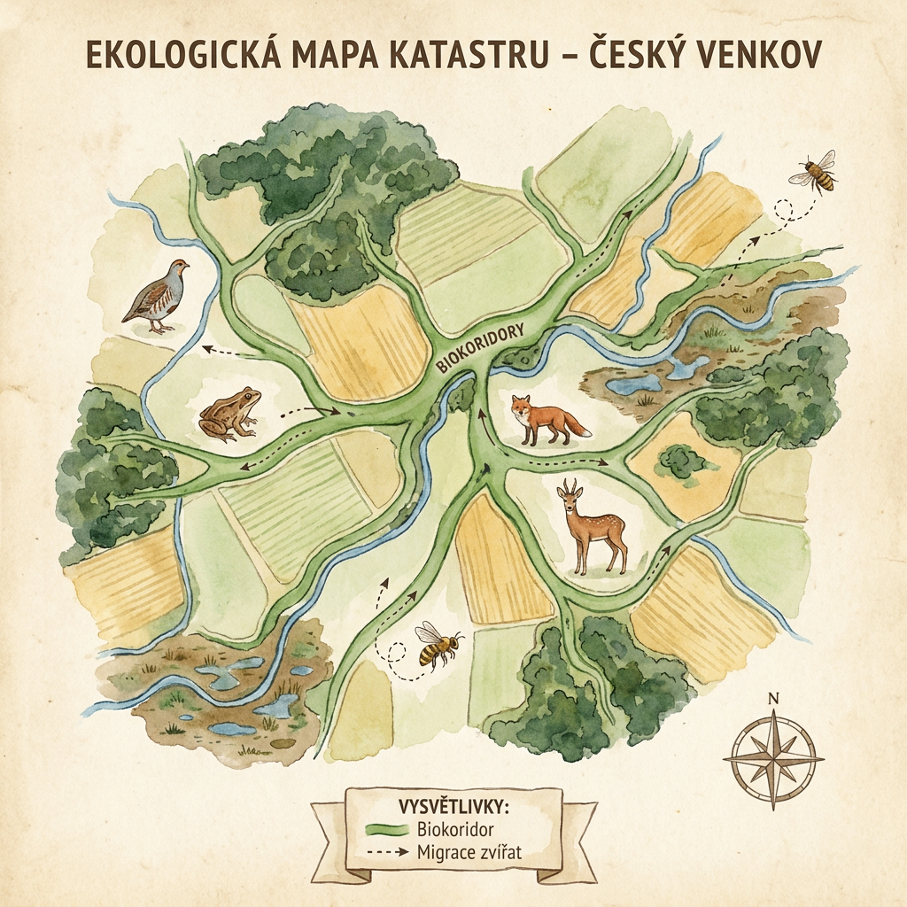 Názorná ekologická mapa biokoridorů — Infografika funkčního ÚSES: Zelené pásy a meandry propojují krajinu a umožňují bezpečný pohyb zvěře.
