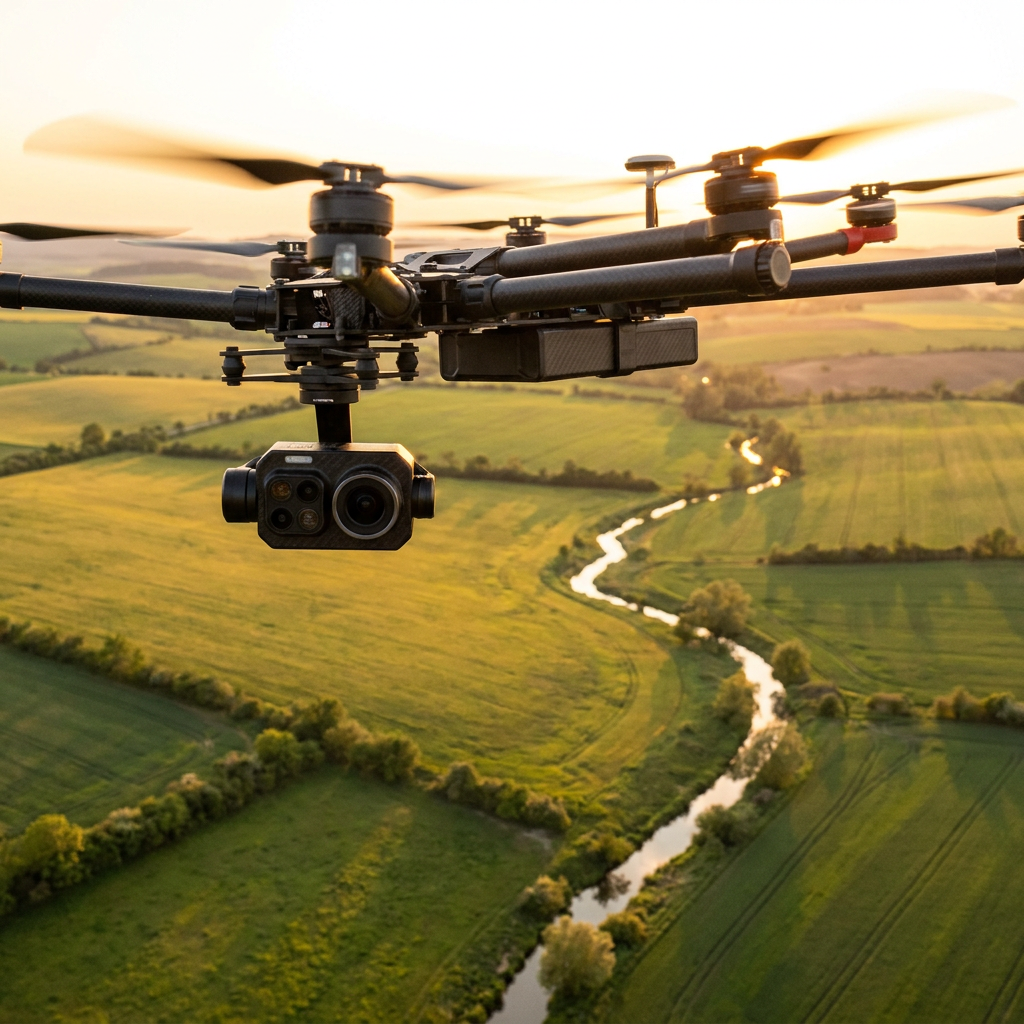 Mapovací dron nad katastrem — Letecké snímkování terénu včas odhalující začínající erozní rýhy a vysychání půdy.
