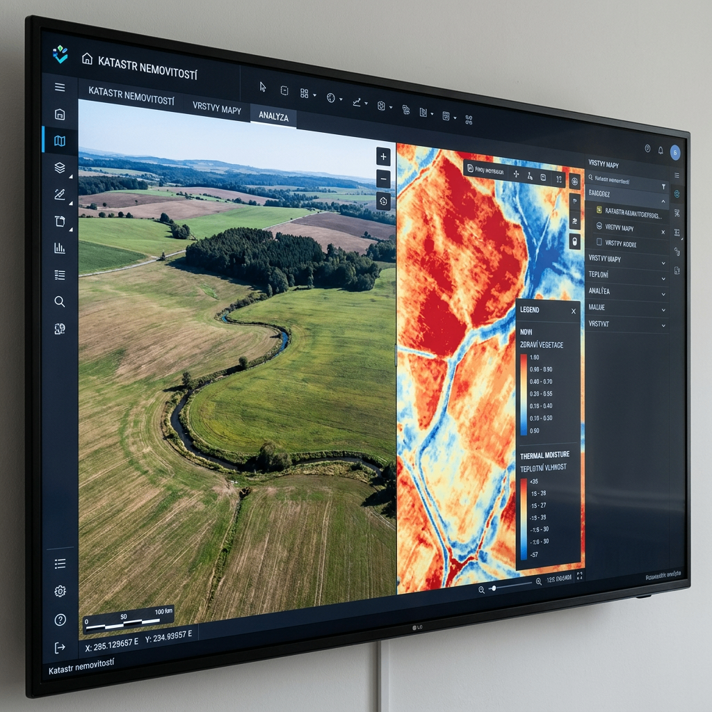 Digitální analýza katastru (GIS) — Srozumitelné srovnání klasického leteckého snímku a tepelné mapy vlhkosti na obrazovce.