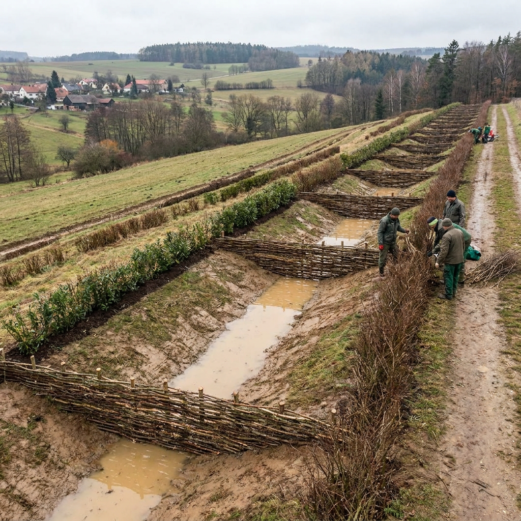 Půdní inženýrství a fašinové zábrany — Instalace proutěných fašinových zábran ve vrstevnicových průlezích. Přírodní proutěné stěny brzdí odtok vody, zachytávají úrodnou ornici a chrání svah před erozí.